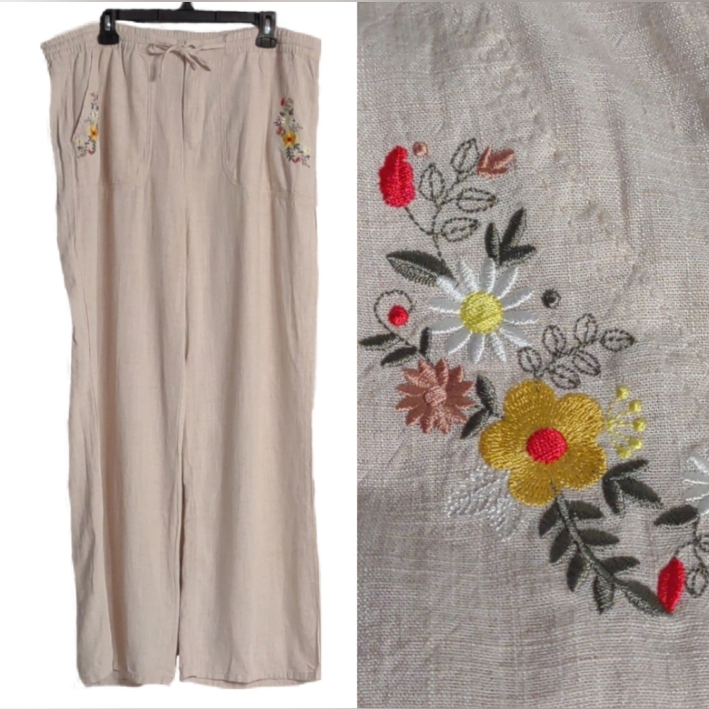 Style Me Linen Blend Women's Floral Embroidered Elastic Waist Pants Size XL
